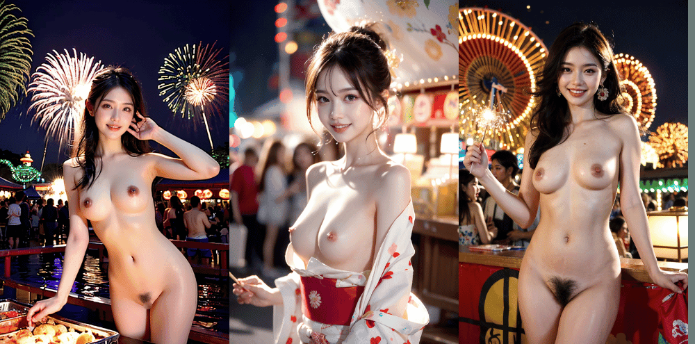 夏祭りで全裸になる大胆なAI美女のエロ画像【AIグラビアヌード】