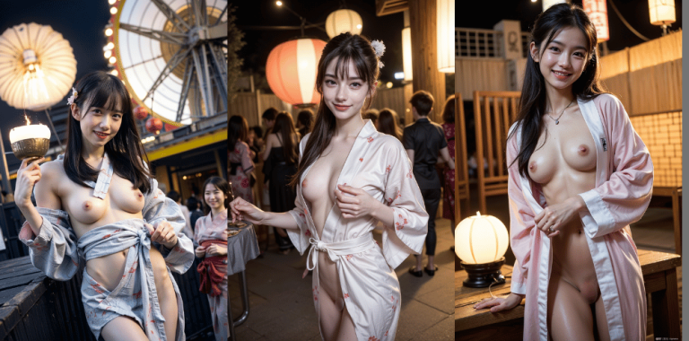 彼女の浴衣がはだけておっぱいが見えちゃう