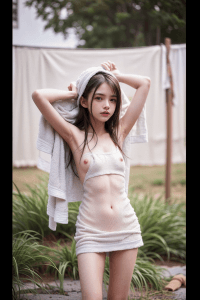 外で体を拭く全裸のAI美女