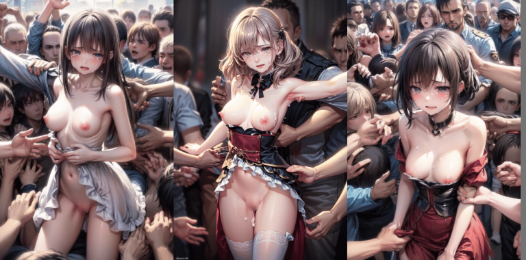 群衆に襲われて脱がされる2次元アニメ美少女