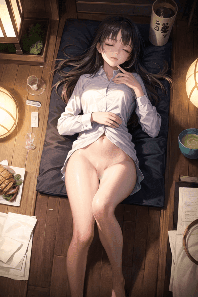 2次元イラスト、ノーパンで寝る泥酔OL