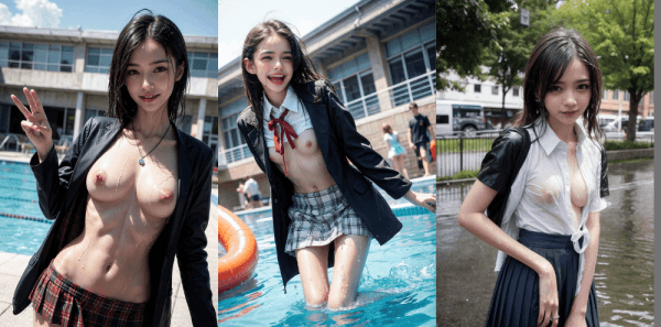 JK風AI美女が制服でびちょびちょに濡れてるエロ画像