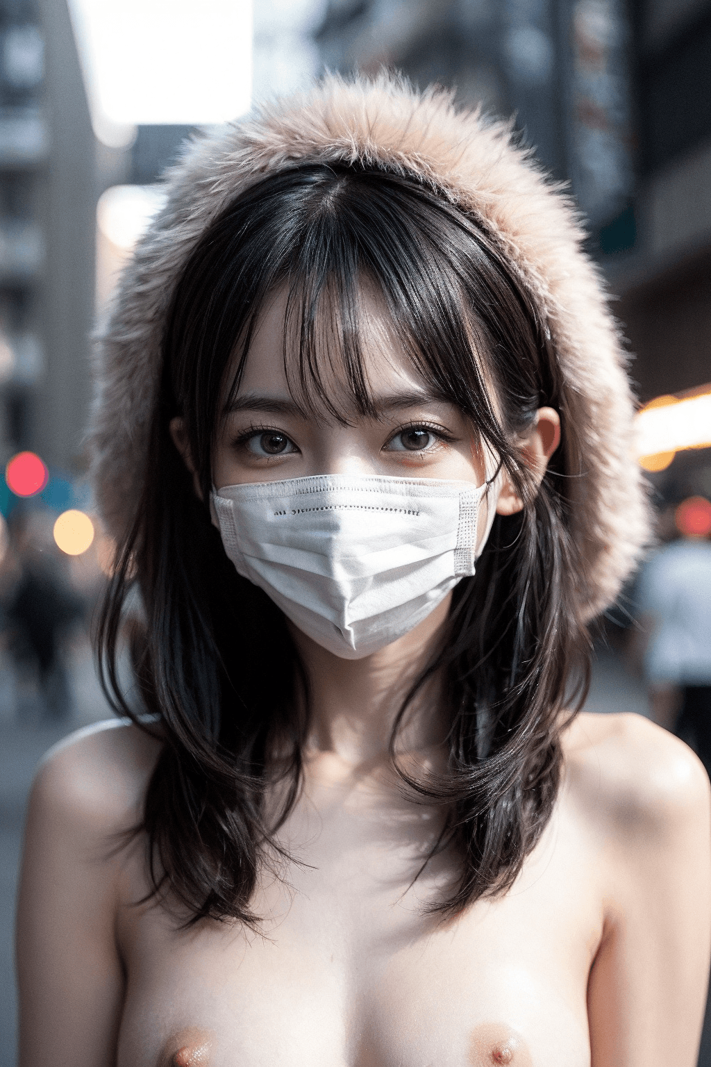 冬なのに全裸のマスク美人